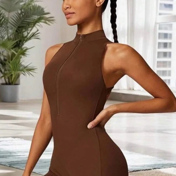 Backless Brown Jumpsuit with zipper tummy Control and Scrunch butt size L - Picture 3 of 9